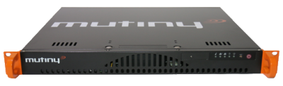 An image of the mutiny network monitoring appliance featuring a one you rackmount appliance in dark grey with orange mounting handles